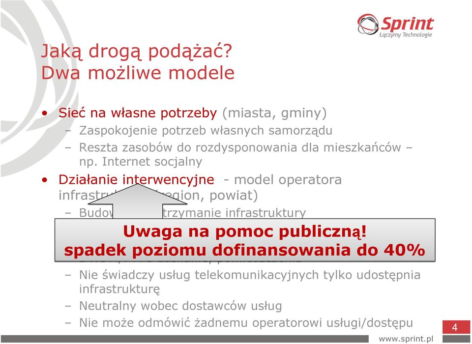 Internet socjalny Działanie interwencyjne - model operatora infrastruktury (region, powiat) Budowanie i utrzymanie infrastruktury Uwaga na pomoc publiczną!