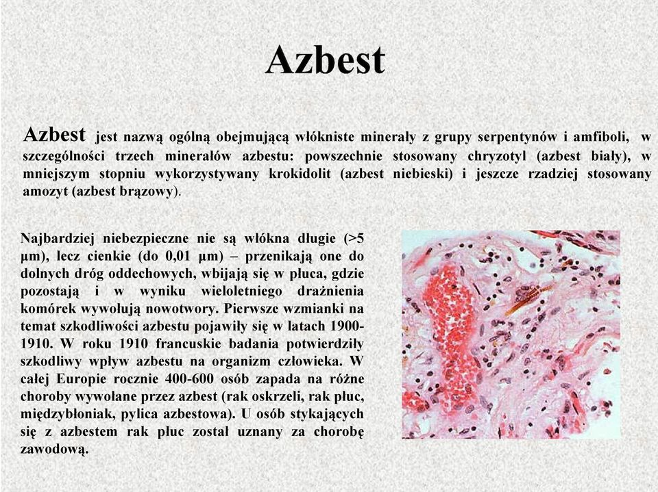 Najbardziej niebezpieczne nie są włókna długie (>5 μm), lecz cienkie (do 0,01 μm) przenikają one do dolnych dróg oddechowych, wbijają się w płuca, gdzie pozostają i w wyniku wieloletniego drażnienia