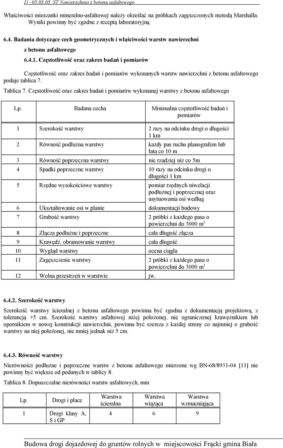 Częstotliwość oraz zakres badań i pomiarów Częstotliwość oraz zakres badań i pomiarów wykonanych warstw nawierzchni z betonu asfaltowego podaje tablica 7. Tablica 7.