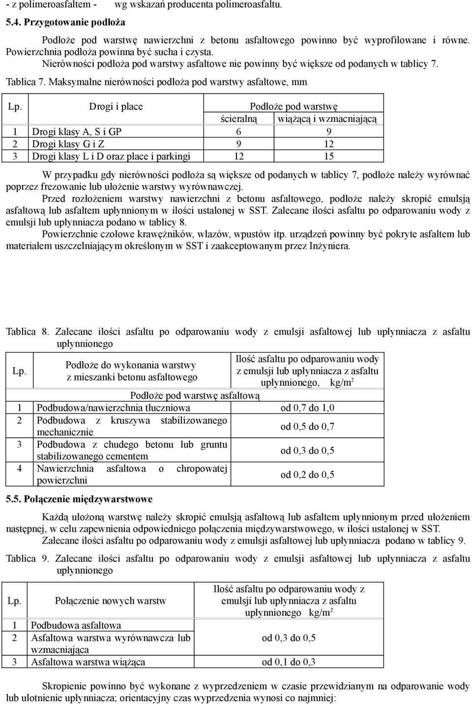 Maksymalne nierówności podłoża pod warstwy asfaltowe, mm Lp.