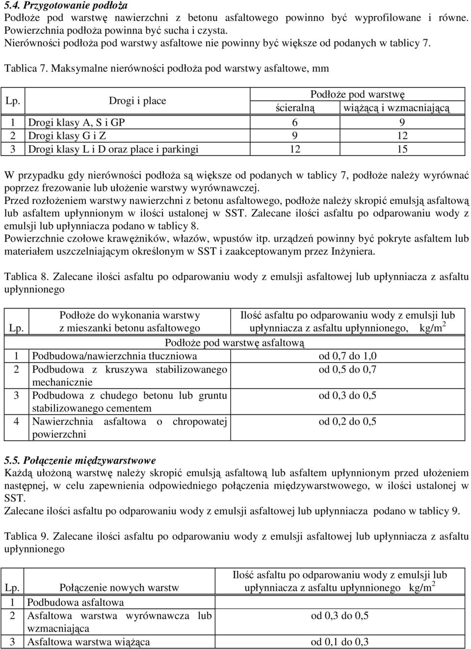 Drogi i place PodłoŜe pod warstwę ścieralną wiąŝącą i wzmacniającą 1 Drogi klasy A, S i GP 6 9 2 Drogi klasy G i Z 9 12 3 Drogi klasy L i D oraz place i parkingi 12 15 W przypadku gdy nierówności