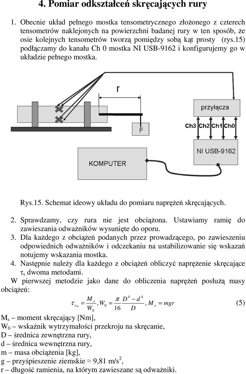 15) podłączamy do kanału Ch 0 mostka NI USB-916 i konfigurujemy go w układzie pełnego mostka. Rys.15. Schemat ideowy układu do pomiaru napręŝeń skręcających.. Sprawdzamy, czy rura nie jest obciąŝona.