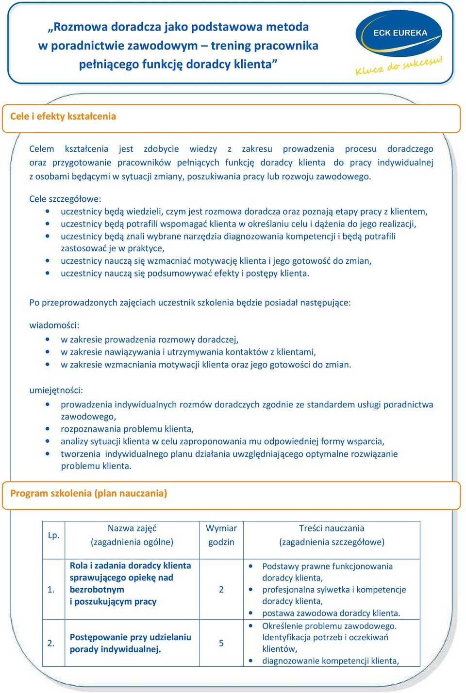 Cele szczegółowe: uczestnicy będą wiedzieli, czym jest rozmowa doradcza oraz poznają etapy pracy z klientem, uczestnicy będą potrafili wspomagać klienta w określaniu celu i dążenia do jego