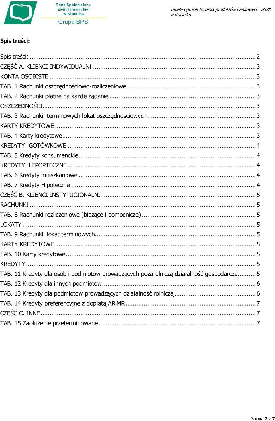 .. 4 TAB. 7 Kredyty Hipoteczne... 4 CZĘŚĆ B. KLIENCI INSTYTUCJONALNI... 5 RACHUNKI... 5 TAB. 8 Rachunki rozliczeniowe (bieżące i pomocnicze)... 5 LOKATY... 5 TAB. 9 Rachunki lokat terminowych.