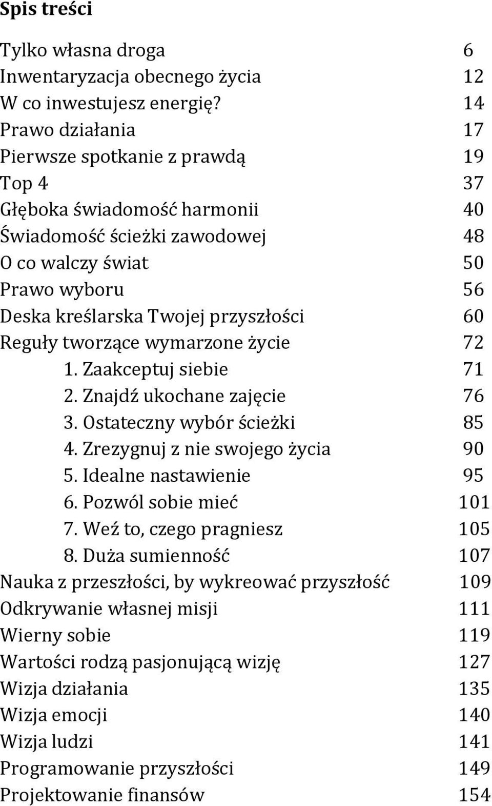 60 Reguły tworzące wymarzone życie 72 1. Zaakceptuj siebie 71 2. Znajdź ukochane zajęcie 76 3. Ostateczny wybór ścieżki 85 4. Zrezygnuj z nie swojego życia 90 5. Idealne nastawienie 95 6.