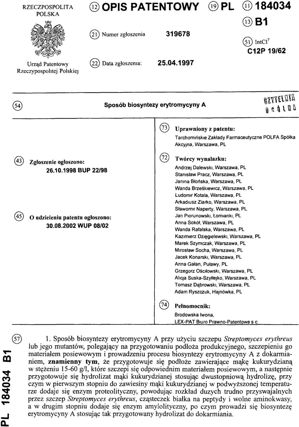 10.1998 BUP 22/98 (45) O udzieleniu patentu ogłoszono: 30.08.