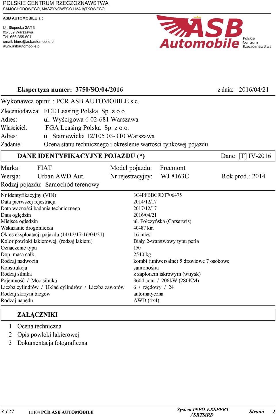 Staniewicka 12/105 03-310 Warszawa Zadanie: Ocena stanu technicznego i określenie wartości rynkowej pojazdu DANE IDENTYFIKACYJNE POJAZDU (*) Marka: FIAT Wersja: Urban AWD Aut.