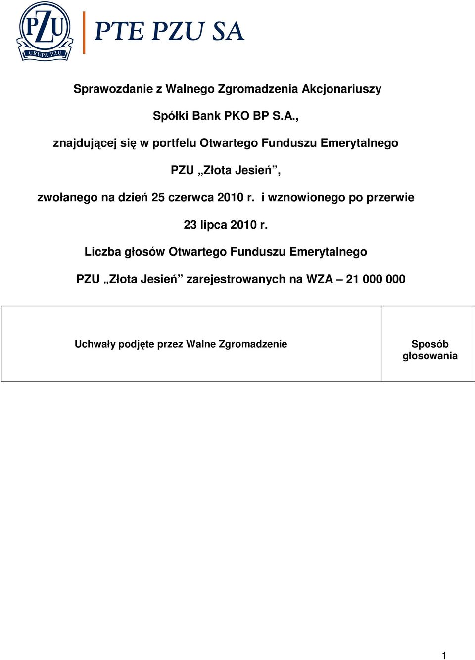 , znajdującej się w portfelu Otwartego Funduszu Emerytalnego PZU Złota Jesień, zwołanego na dzień
