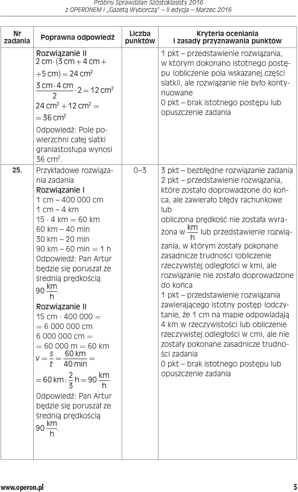 Przykładowe rozwiązania Rozwiązanie I 1 cm 400 000 cm 1 cm 4 km 15 4 km = 60 km 60 km 40 min 30 km 0 min 90 km 60 min = 1 h Odpowiedź: Pan Artur będzie się poruszał ze średnią prędkością 90 km h.