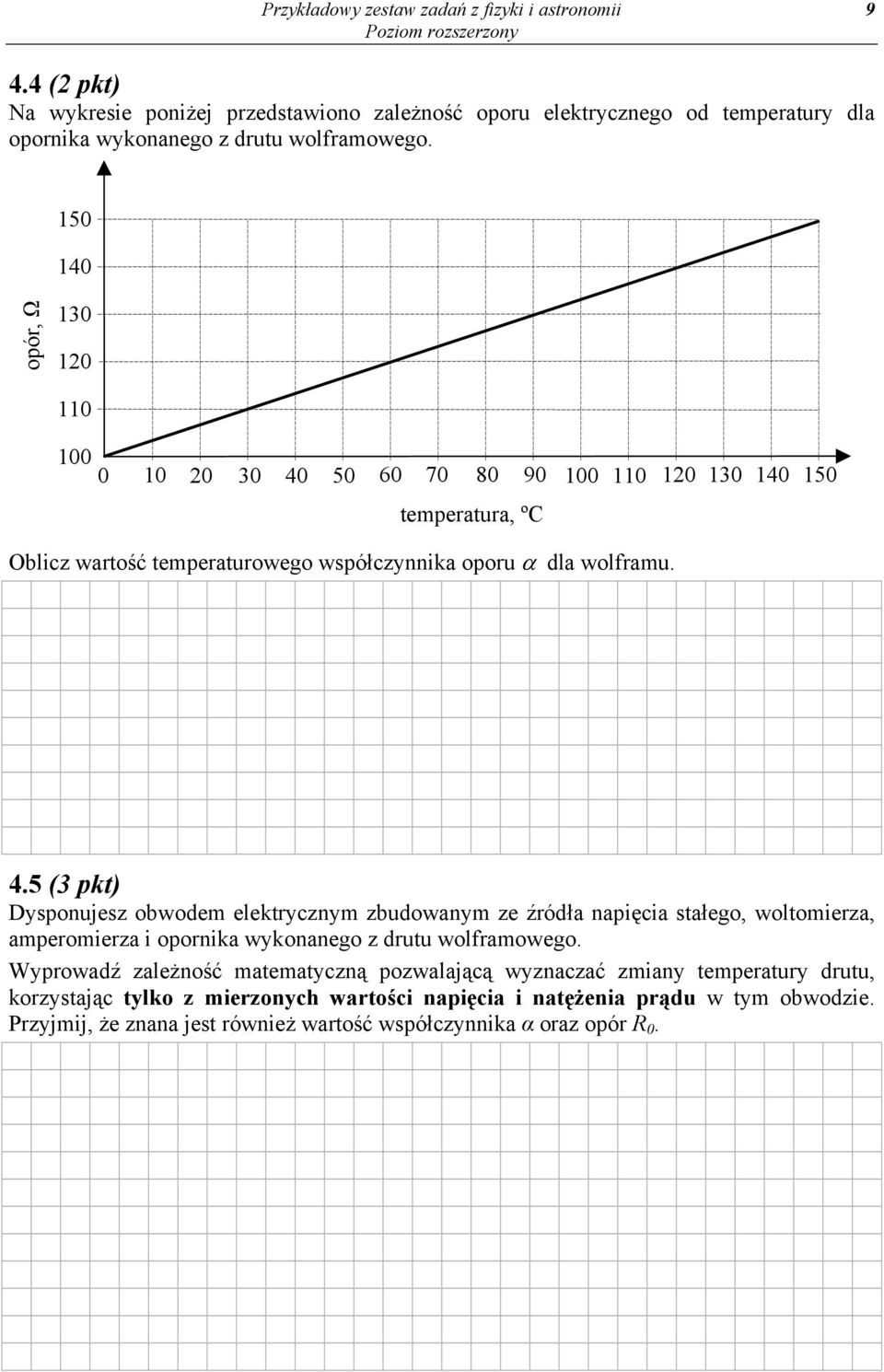 50 60 70 80 90 100 110 120 130 140 150 temperatura, ºC Oblicz wartość temperaturowego współczynnika oporu α dla wolframu. 4.