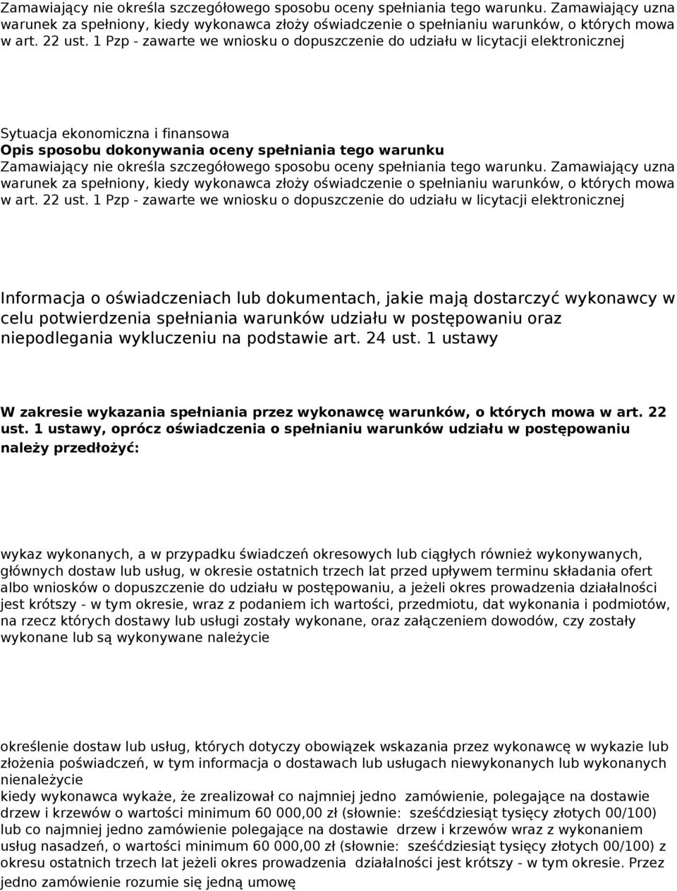 1 Pzp - zawarte we wniosku o dopuszczenie do udziału w licytacji elektronicznej Informacja o oświadczeniach lub dokumentach, jakie mają dostarczyć wykonawcy w celu potwierdzenia spełniania warunków