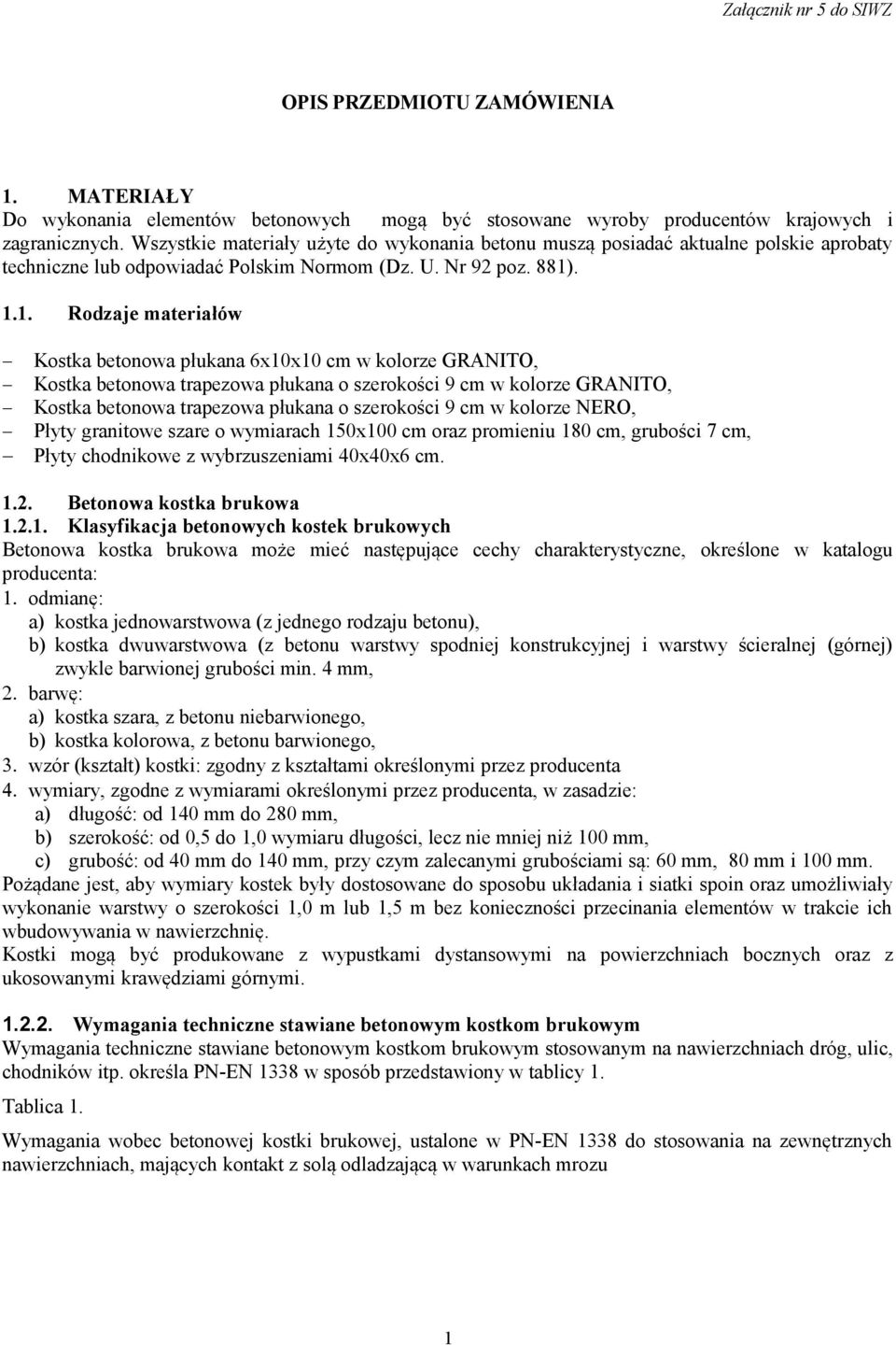 . 1.1. Rodzaje materiałów Kostka betonowa płukana 6x10x10 cm w kolorze GRANITO, Kostka betonowa trapezowa płukana o szerokości 9 cm w kolorze GRANITO, Kostka betonowa trapezowa płukana o szerokości 9