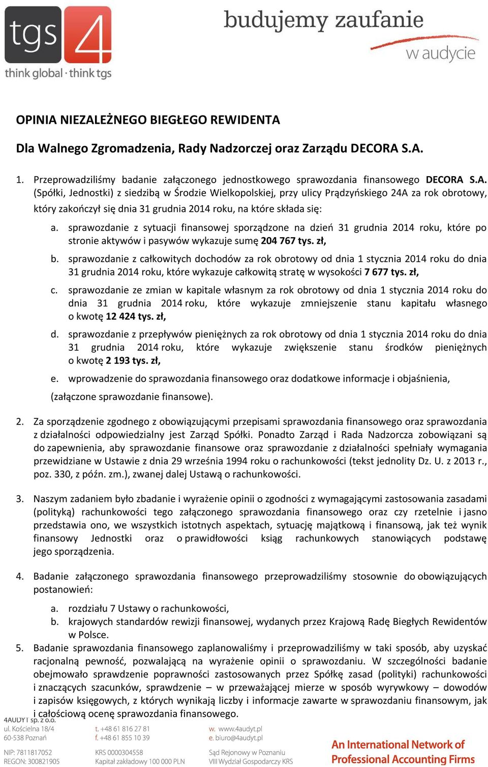 sprawozdanie z całkowitych dochodów za rok obrotowy od dnia 1 stycznia 2014 roku do dnia 31 grudnia 2014 roku, które wykazuje całkowitą stratę w wysokości 7 677 tys. zł, c.