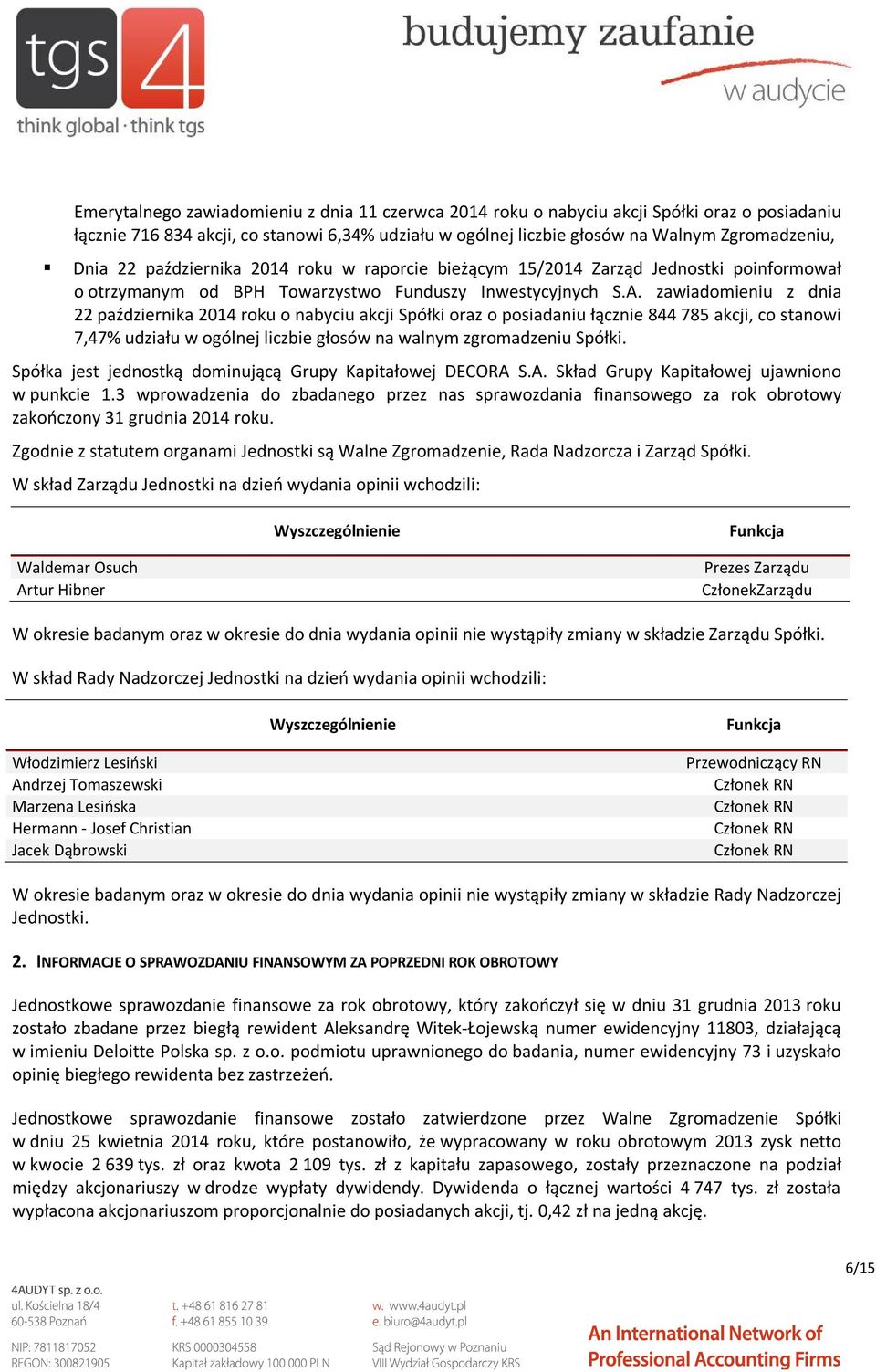 zawiadomieniu z dnia 22 października 2014 roku o nabyciu akcji Spółki oraz o posiadaniu łącznie 844 785 akcji, co stanowi 7,47% udziału w ogólnej liczbie głosów na walnym zgromadzeniu Spółki.