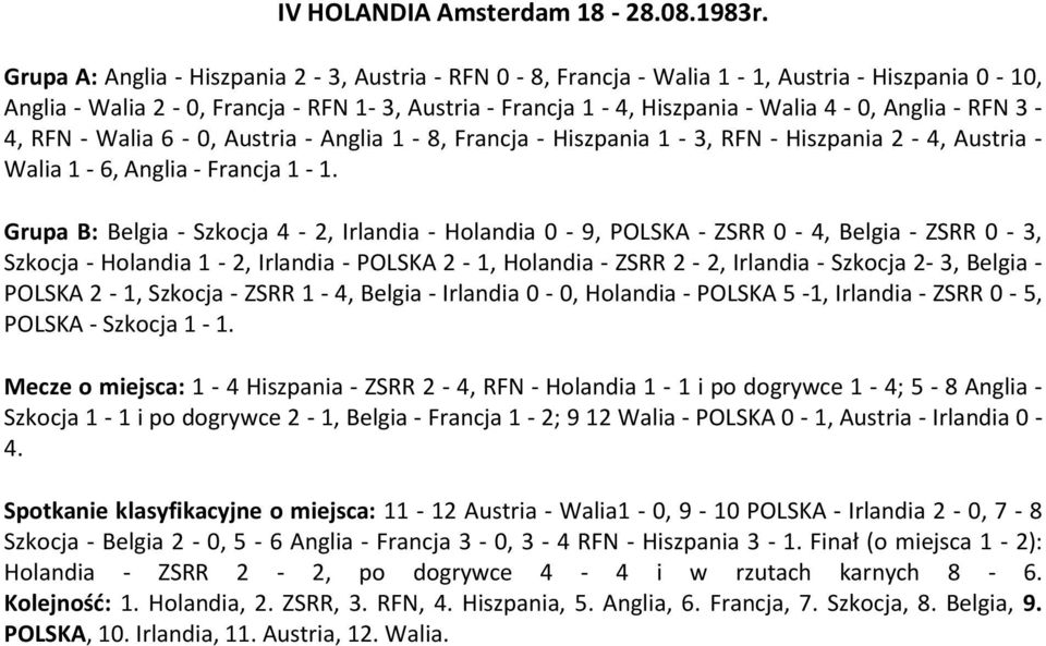 RFN - Walia 6 -, Austria - Anglia - 8, Francja - Hiszpania - 3, RFN - Hiszpania 2-4, Austria - Walia - 6, Anglia - Francja -.