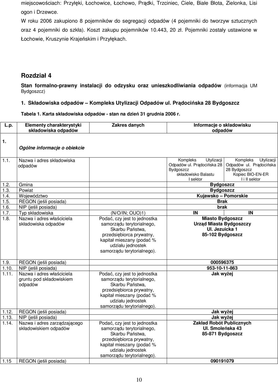 Pojemniki zostały ustawione w Łochowie, Kruszynie Krajeńskim i Przyłękach. Rozdział 4 Stan formalno-prawny instalacji do odzysku oraz unieszkodliwiania (informacja UM Bydgoszcz) 1.