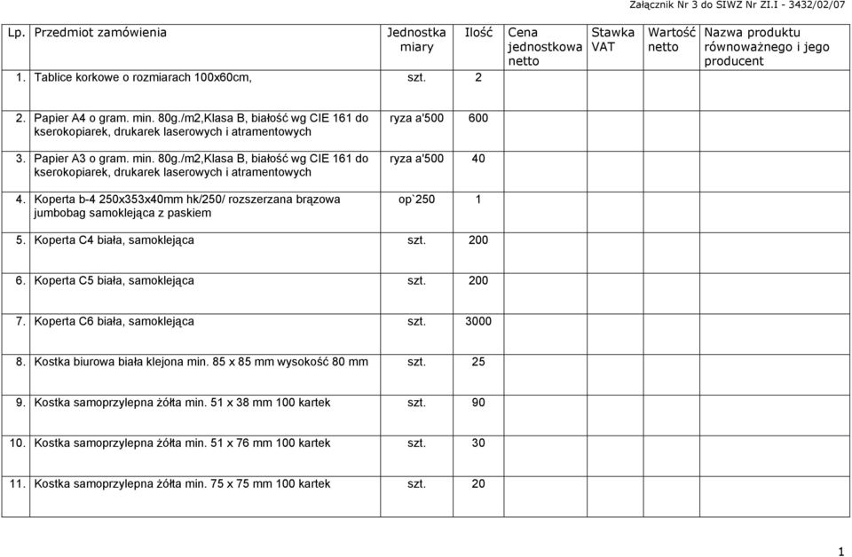 /m2,Klasa B, białość wg CIE 161 do kserokopiarek, drukarek laserowych i atramentowych 3. Papier A3 o gram. min. 80g.