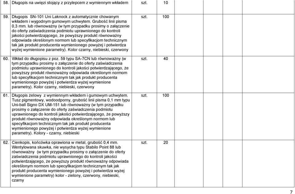 specyfikacjom technicznym tak jak produkt producenta wymienionego powyżej i potwierdza wyżej. Kolor czarny, niebieski, czerwony 60. Wkład do długopisu z poz.