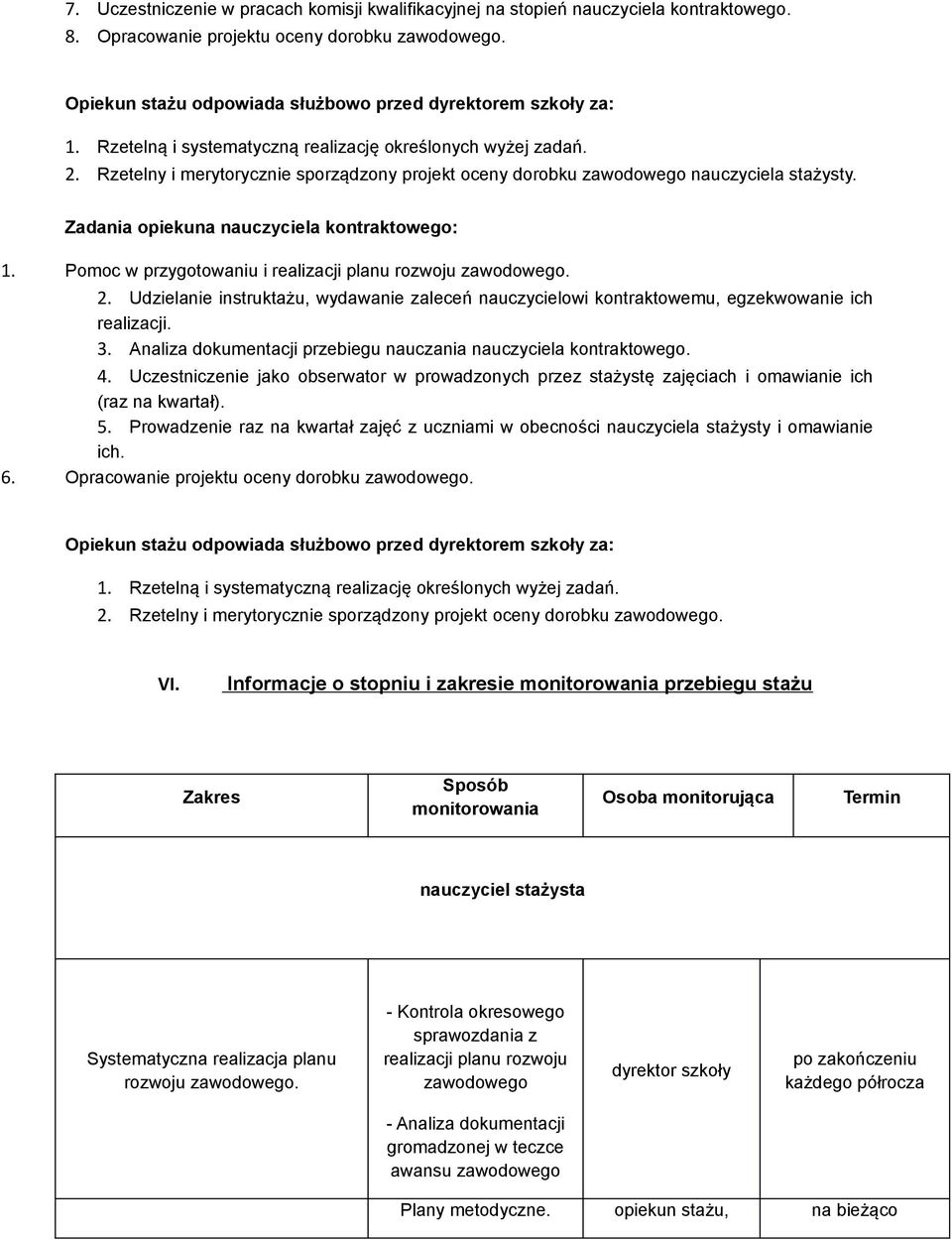 Rzetelny i merytorycznie sporządzony projekt oceny dorobku zawodowego nauczyciela stażysty. Zadania opiekuna nauczyciela kontraktowego: 1. Pomoc w przygotowaniu i realizacji planu rozwoju zawodowego.