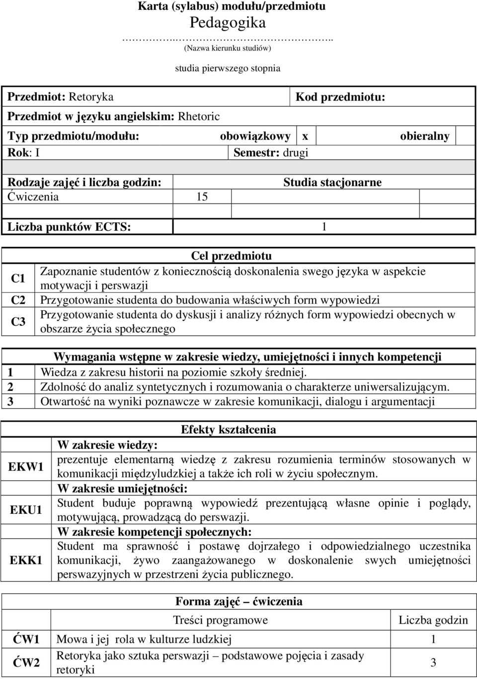 stacjonarne Liczba punktów ECTS: 1 C1 C2 C3 Cel przedmiotu Zapoznanie studentów z koniecznością doskonalenia swego języka w aspekcie motywacji i perswazji Przygotowanie studenta do budowania