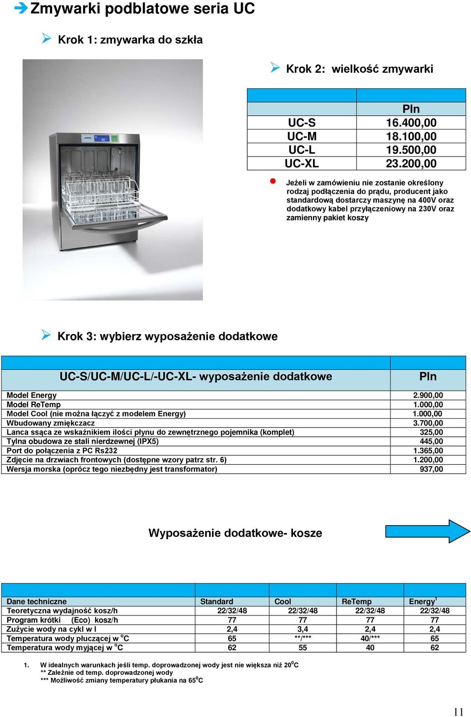 koszy Krok 3: wybierz wyposażenie dodatkowe UC-S/UC-M/UC-L/-UC-L- wyposażenie dodatkowe Pln Model Energy 2.900,00 Model ReTemp 1.000,00 Model Cool (nie można łączyć z modelem Energy) 1.