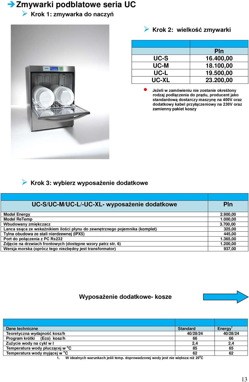 koszy Krok 3: wybierz wyposażenie dodatkowe UC-S/UC-M/UC-L/-UC-L- wyposażenie dodatkowe Pln Model Energy 2.900,00 Model ReTemp 1.000,00 Wbudowany zmiękczacz 3.