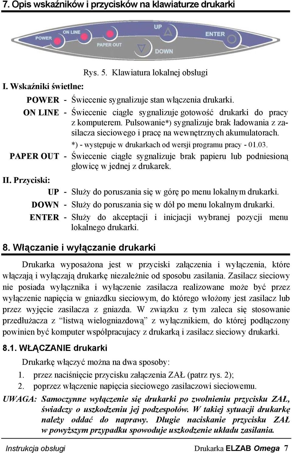 *) - występuje w drukarkach od wersji programu pracy - 01.03. PAPER OUT - Świecenie ciągłe sygnalizuje brak papieru lub podniesioną głowicę w jednej z drukarek. II.