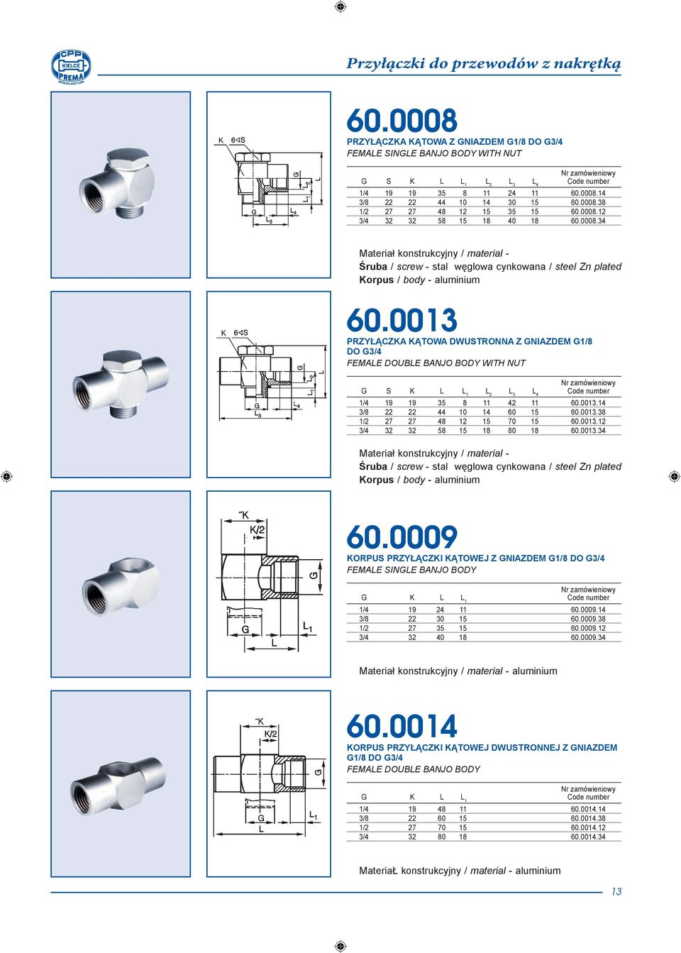 0013 PRZYŁĄCZKA KĄTOWA DWUSTRONNA Z GNIAZDEM G1/8 DO G3/4 FEMALE DOUBLE BANJO BODY WITH NUT G S K L L 1 L 4 1/4 19 19 35 8 11 42 11 60.0013.14 3/8 22 22 44 10 14 60 15 60.0013.38 1/2 27 27 48 12 15 70 15 60.