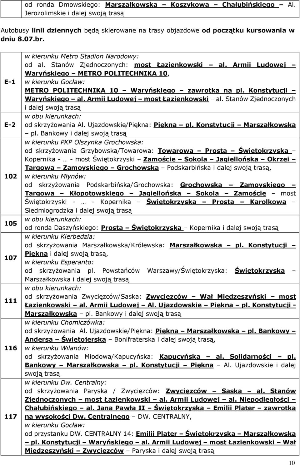 Armii Ludowej Waryńskiego METRO POLITECHNIKA 10, w kierunku Gocław: METRO POLITECHNIKA 10 Waryńskiego zawrotka na pl. Konstytucji Waryńskiego al. Armii Ludowej most Łazienkowski al.