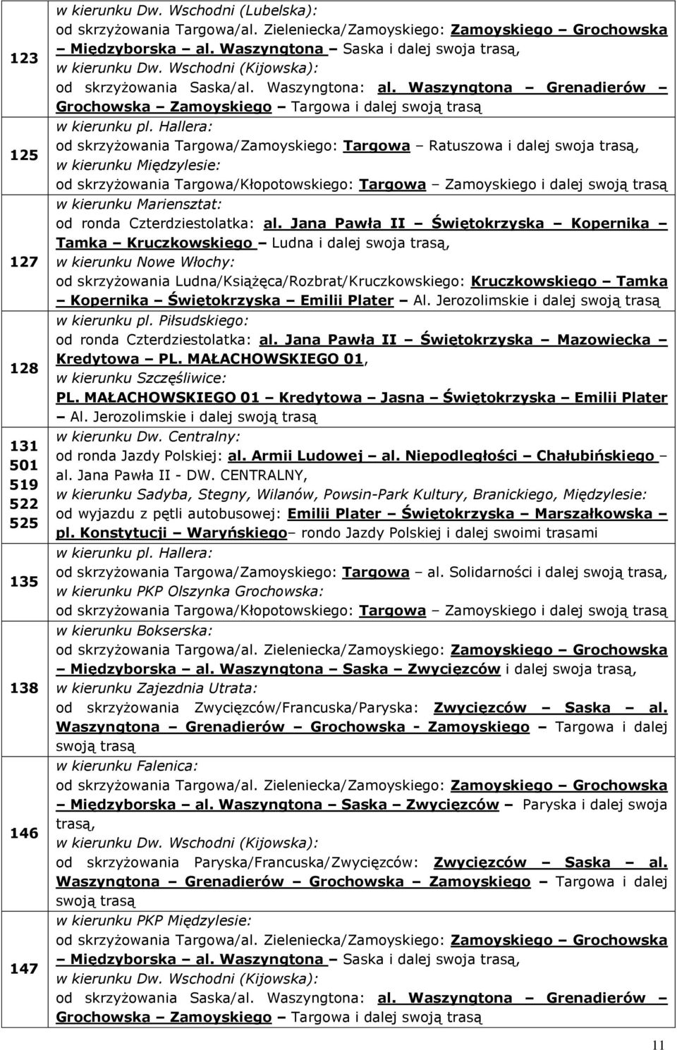 Waszyngtona Grenadierów od skrzyżowania Targowa/Zamoyskiego: Targowa Ratuszowa i dalej swoja trasą, w kierunku Międzylesie: od skrzyżowania Targowa/Kłopotowskiego: Targowa Zamoyskiego i dalej w