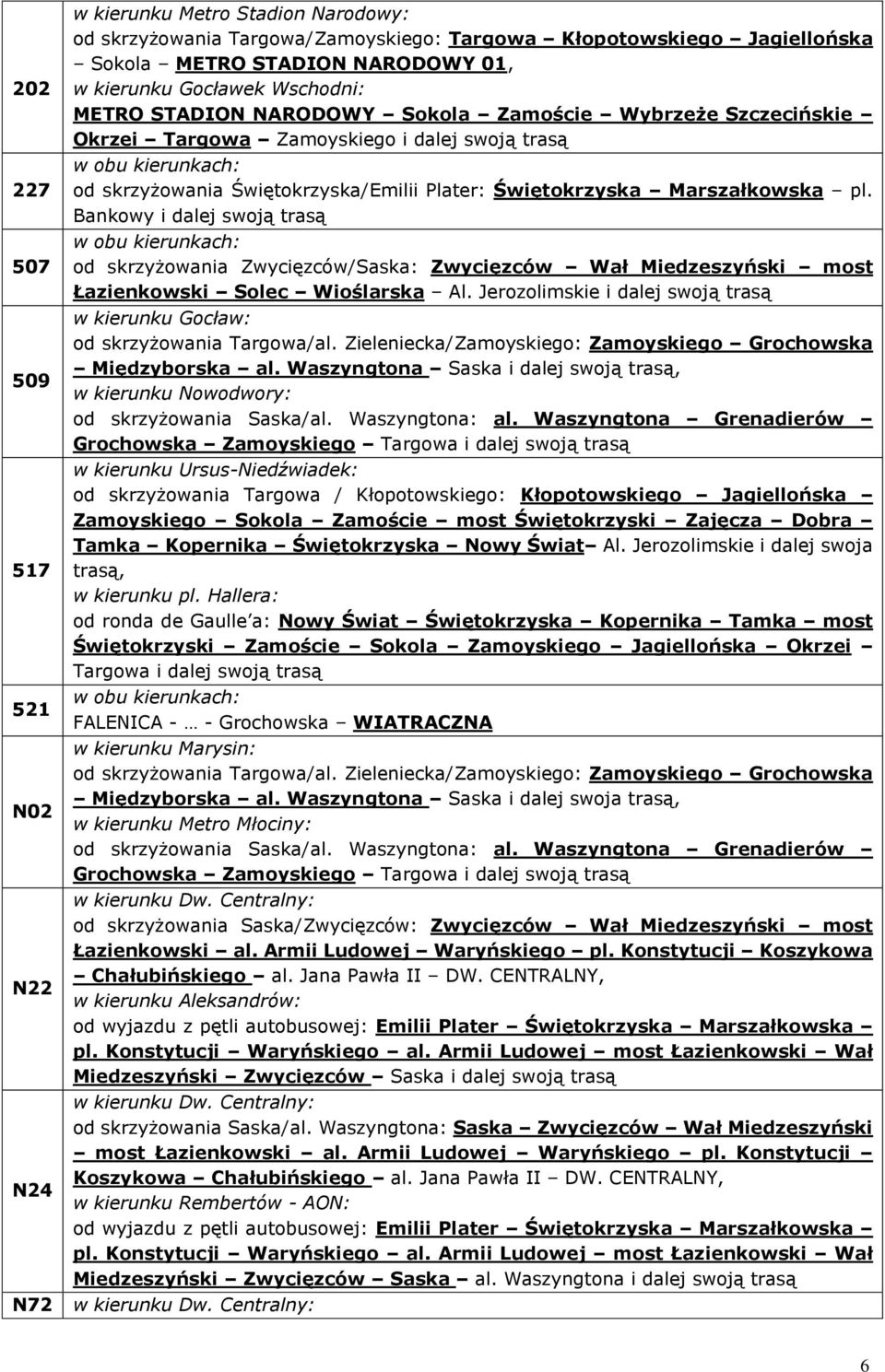 Bankowy i dalej od skrzyżowania Zwycięzców/Saska: Zwycięzców Wał Miedzeszyński most Łazienkowski Solec Wioślarska Al. Jerozolimskie i dalej w kierunku Gocław: Międzyborska al.