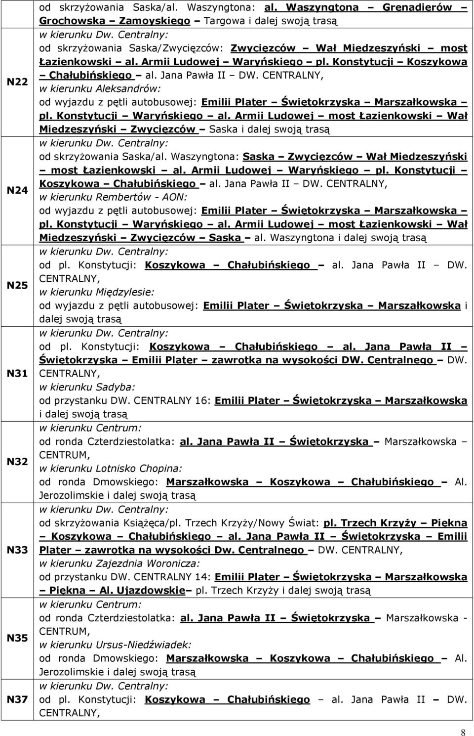 CENTRALNY, w kierunku Aleksandrów: od wyjazdu z pętli autobusowej: Emilii Plater Świętokrzyska Marszałkowska pl. Konstytucji Waryńskiego al.