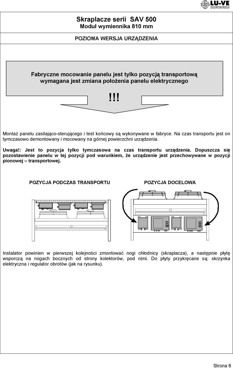 : Jest to pozycja tylko tymczasowa na czas transportu urządzenia. Dopuszcza się pozostawienie panelu w tej pozycji pod warunkiem, że urządzenie jest przechowywane w pozycji pionowej transportowej.