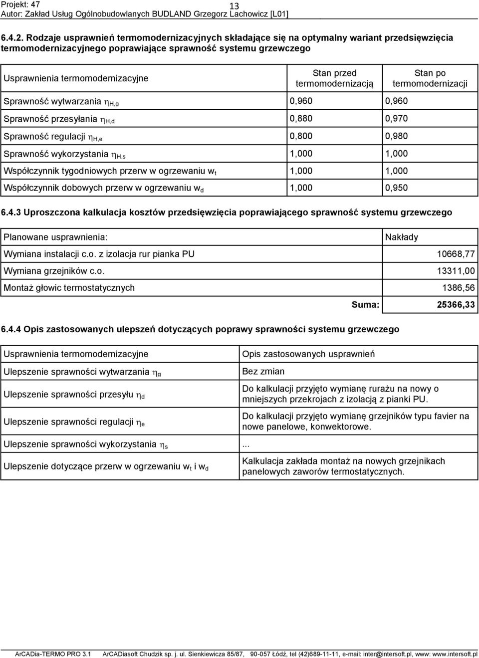 przed termomodernizacją Sprawność wytwarzania H,g 0,960 0,960 Sprawność przesyłania H,d 0,880 0,970 Sprawność regulacji H,e 0,800 0,980 Sprawność wykorzystania H,s 1,000 1,000 Współczynnik