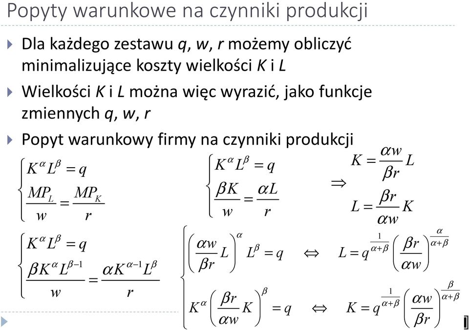 r Popyt warunkowy firmy na czynniki produkcji α β = q = w r α β = q β = w α β 1 α 1 β α r αw α