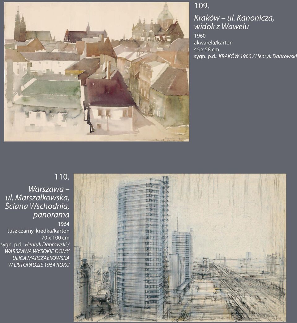 Marszałkowska, Ściana Wschodnia, panorama 1964 tusz czarny, kredka/karton 70 x