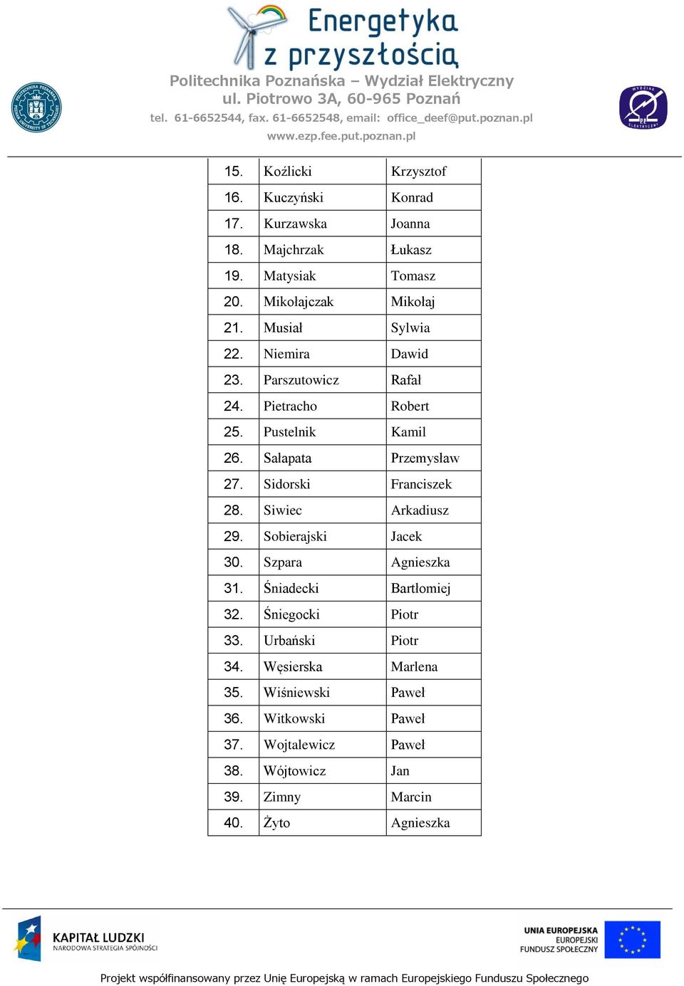 Sidorski Franciszek 28. Siwiec Arkadiusz 29. Sobierajski Jacek 30. Szpara Agnieszka 31. Śniadecki Bartłomiej 32. Śniegocki Piotr 33.