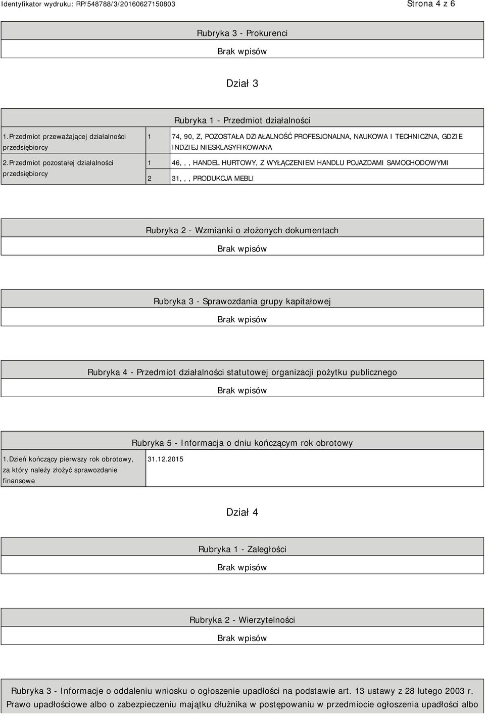 POJAZDAMI SAMOCHODOWYMI 2 31,,, PRODUKCJA MEBLI Rubryka 2 - Wzmianki o złożonych dokumentach Rubryka 3 - Sprawozdania grupy kapitałowej Rubryka 4 - Przedmiot działalności statutowej organizacji