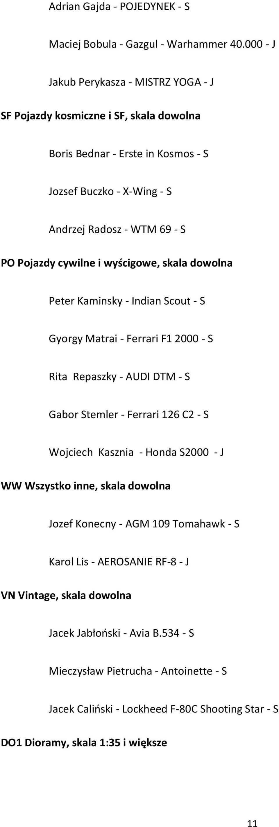 cywilne i wyścigowe, skala dowolna Peter Kaminsky - Indian Scout - S Gyorgy Matrai - Ferrari F1 2000 - S Rita Repaszky - AUDI DTM - S Gabor Stemler - Ferrari 126 C2 - S Wojciech