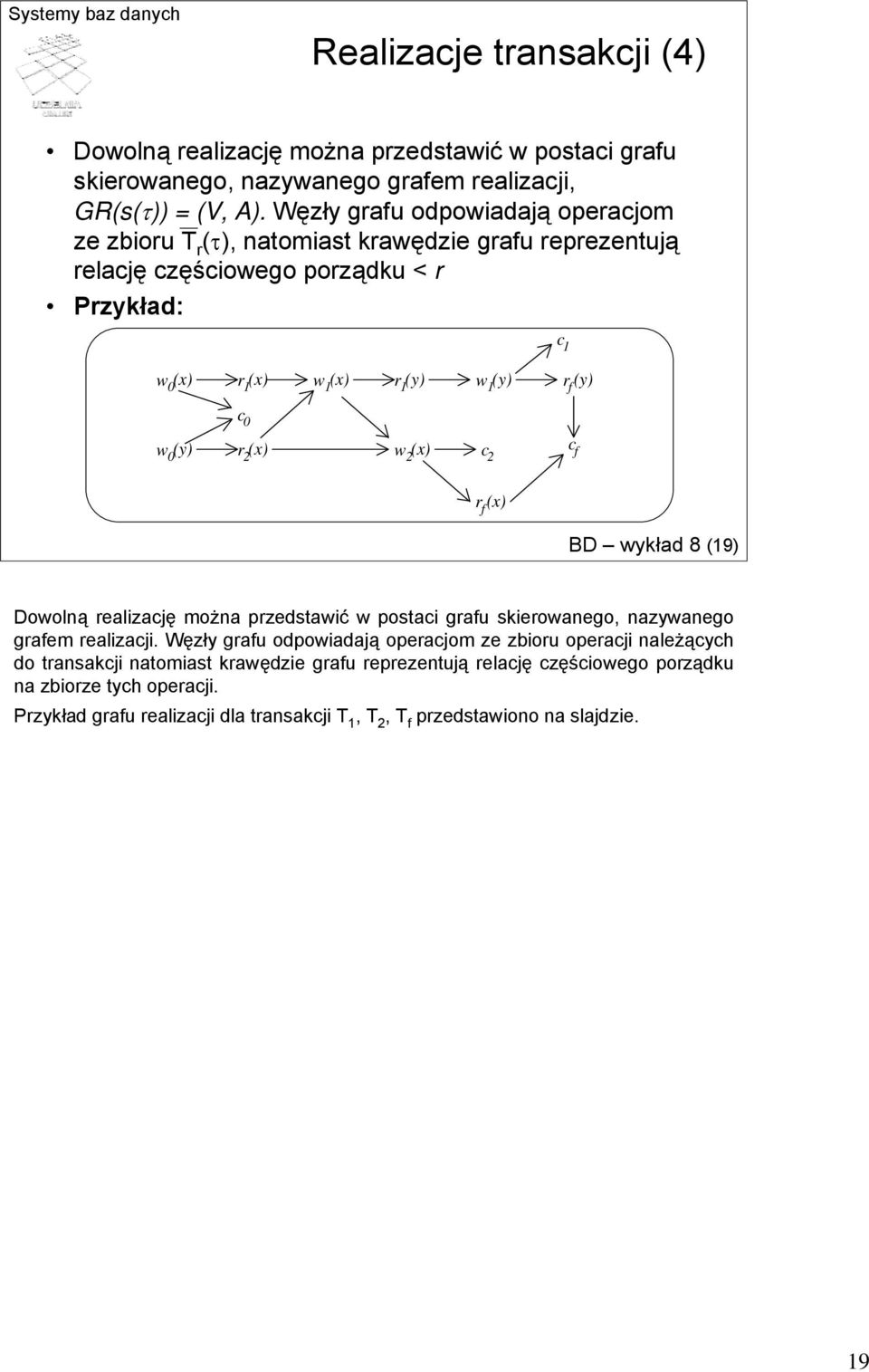(y) c 0 w 0 (y) r 2 (x) w 2 (x) c 2 cf r f (x) BD wykład 8 (19) Dowolną realizację można przedstawić w postaci grafu skierowanego, nazywanego grafem realizacji.
