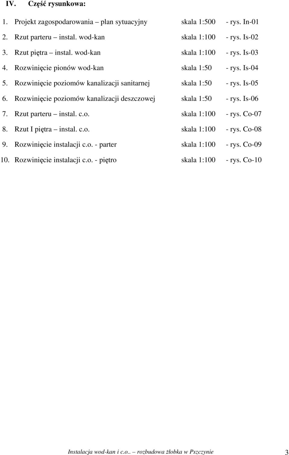 Rozwinięcie poziomów kanalizacji deszczowej skala 1:50 - rys. Is-06 7. Rzut parteru instal. c.o. skala 1:100 - rys. Co-07 8. Rzut I piętra instal. c.o. skala 1:100 - rys. Co-08 9.