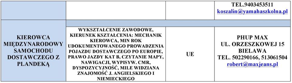 ROK UDOKUMENTOWANEGO PROWADZENIA POJAZDU DOSTAWCZEGO PO EUROPIE, PRAWO JAZDY KAT B, CZYTANIE MAPY,