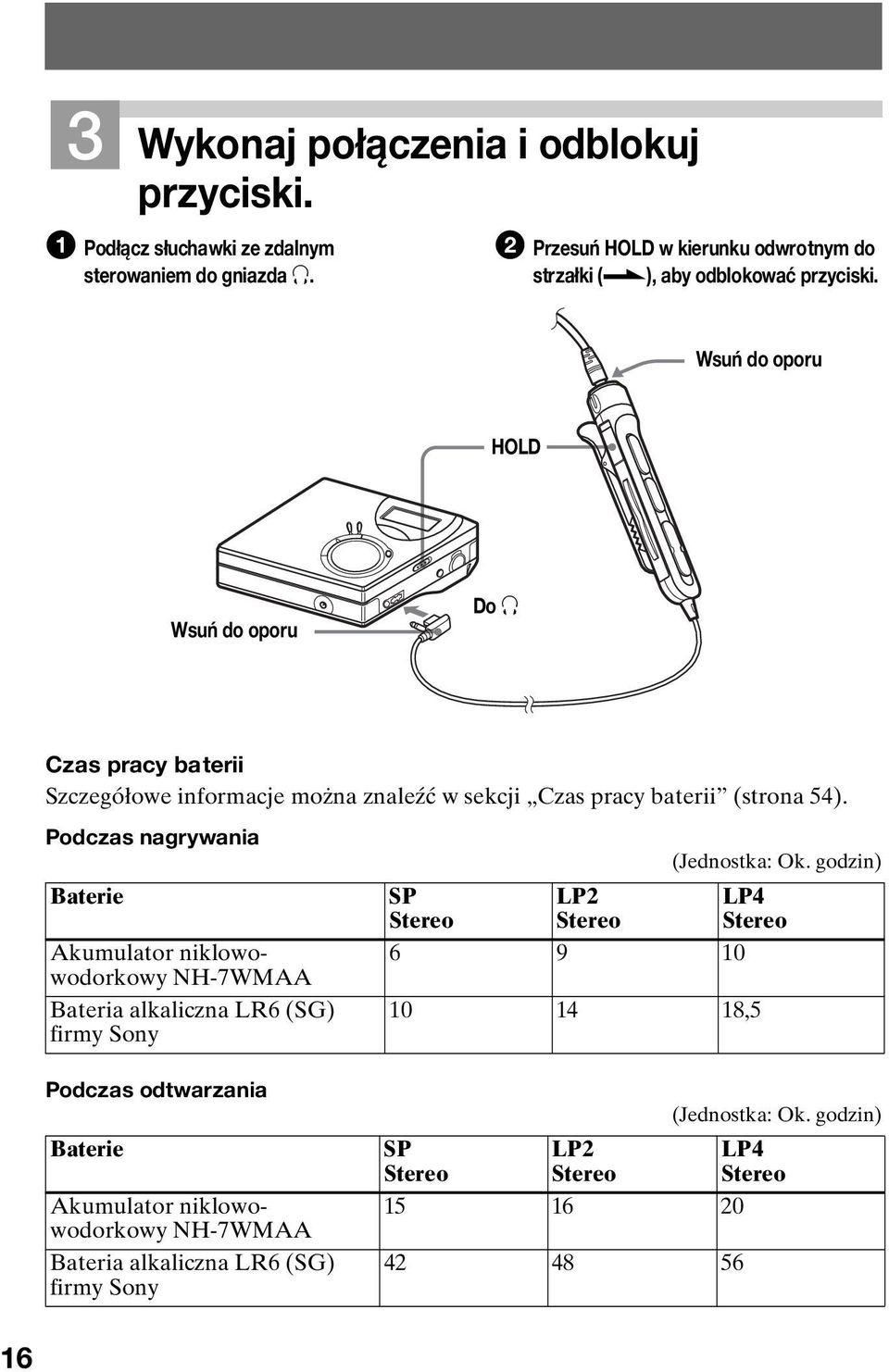 Podczas nagrywania Baterie Akumulator niklowowodorkowy NH-7WMAA Bateria alkaliczna LR6 (SG) firmy Sony SP Stereo LP2 Stereo 6 9 10 (Jednostka: Ok.