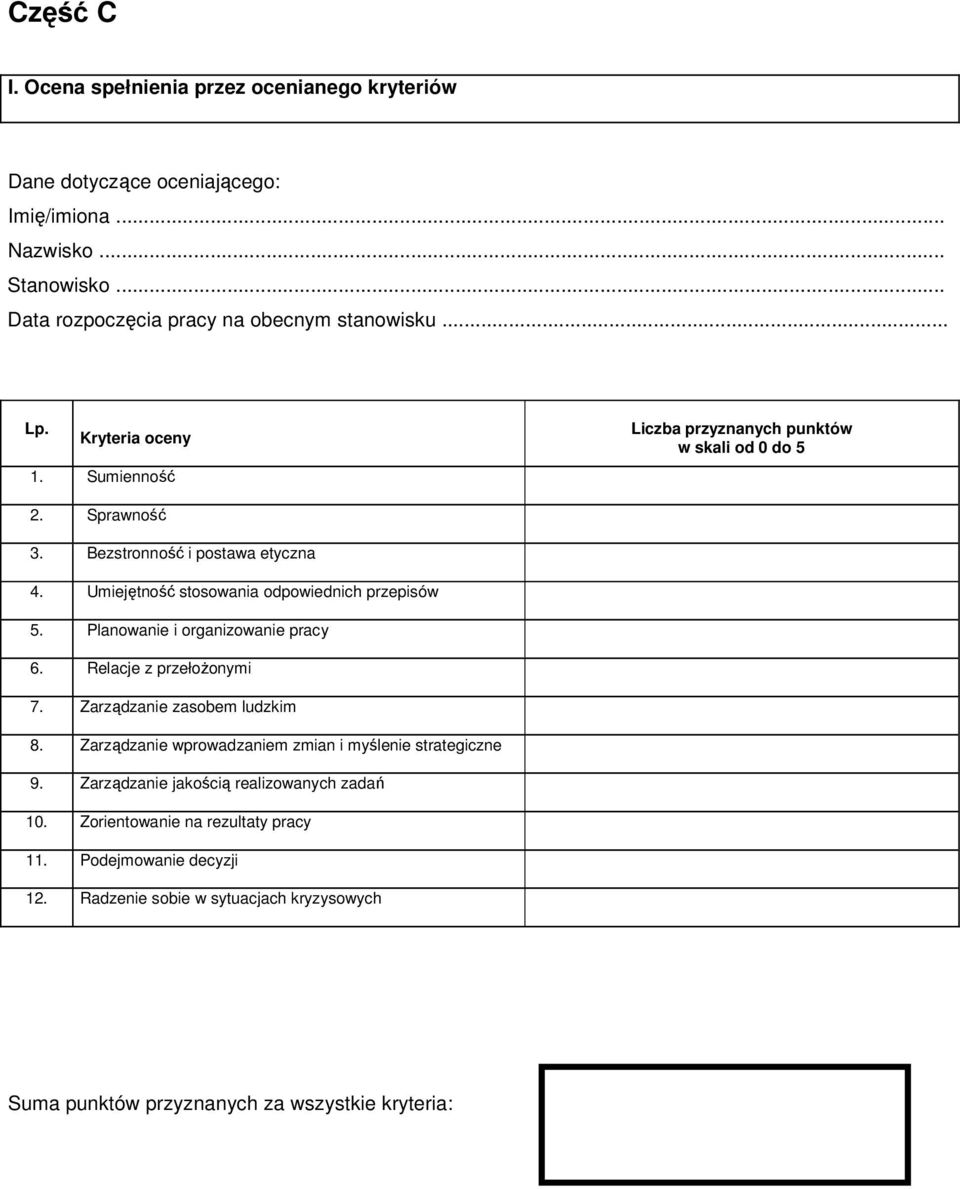 Planowanie i organizowanie pracy 6. Relacje z przełoŝonymi 7. Zarządzanie zasobem ludzkim 8. Zarządzanie wprowadzaniem zmian i myślenie strategiczne 9.