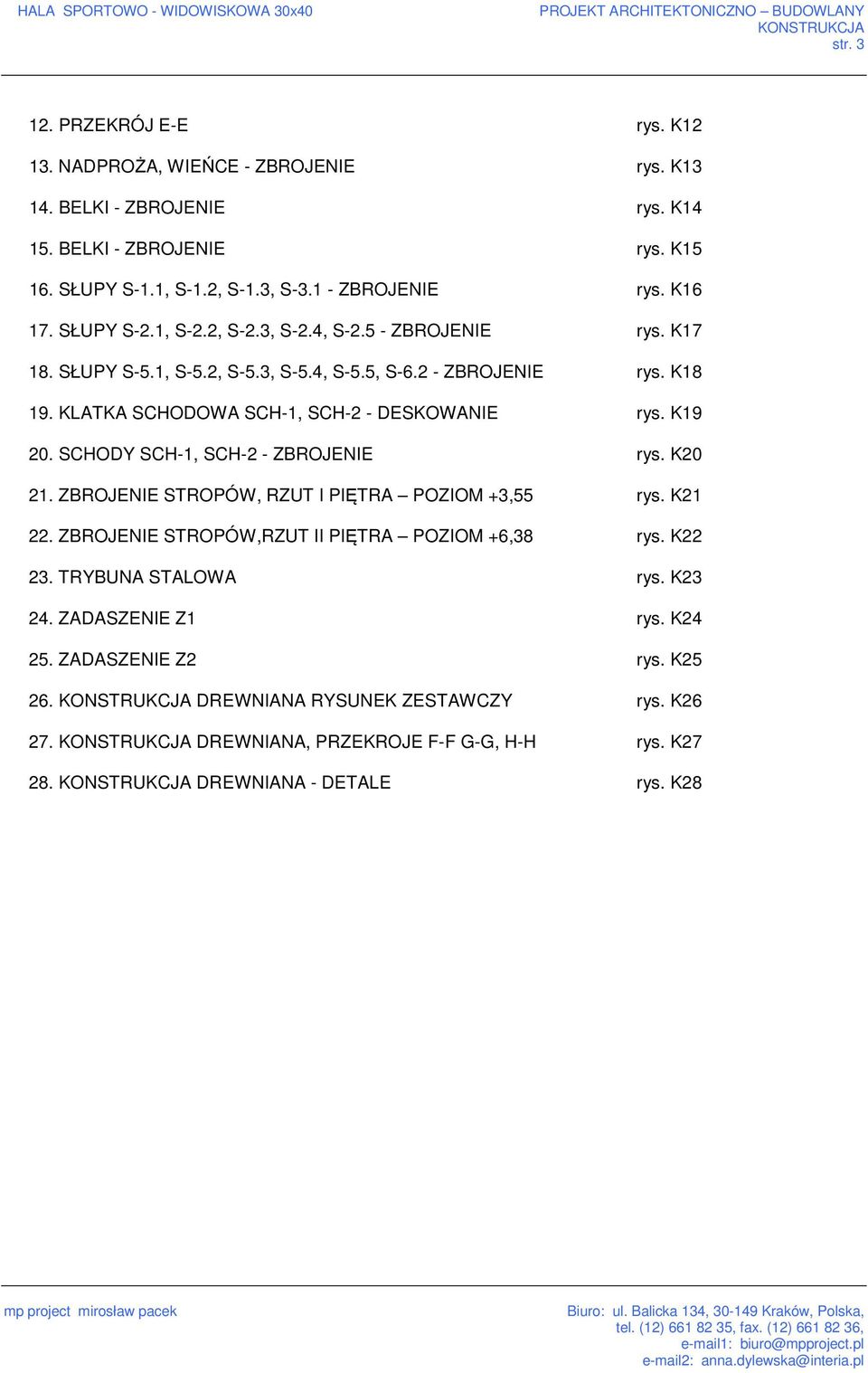 2 - ZBROJENIE rys. K18 19. KLATKA SCHODOWA SCH-1, SCH-2 - DESKOWANIE rys. K19 20. SCHODY SCH-1, SCH-2 - ZBROJENIE rys. K20 21. ZBROJENIE STROPÓW, RZUT I PIĘTRA POZIOM +3,55 rys. K21 22.