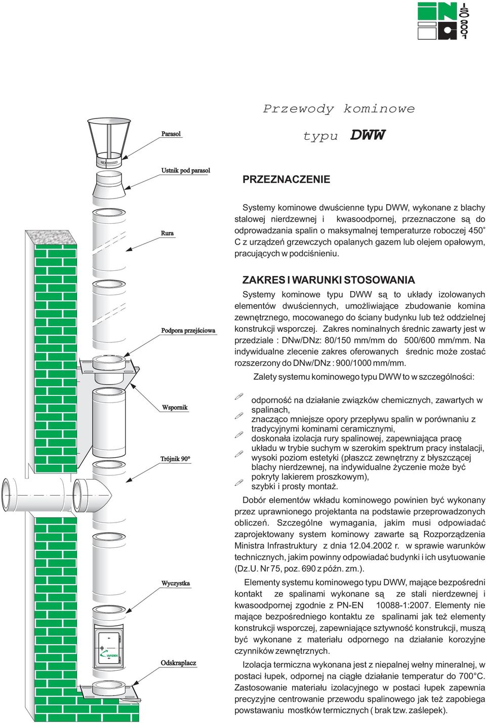 Popora przejściowa Wspornik Trójnik 90 Wyczystka Oskraplacz ZKRES I WRUNKI STOSOWNI Systemy kominowe typu WW są to ukłay izolowanych elementów wuściennych, umożliwiające zbuowanie komina