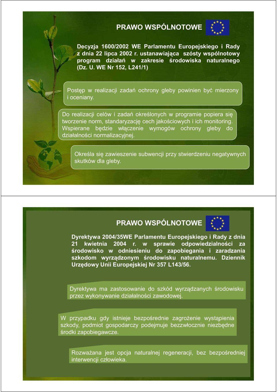 Wspierane ochrony gleby do normalizacyjnej. zawieszenie subwencji przy stwierdzeniu negatywnych dla gleby. Dyrektywa 2004/35WE Parlamentu Europejskiego i Rady z dnia 21 kwietnia 2004 r.