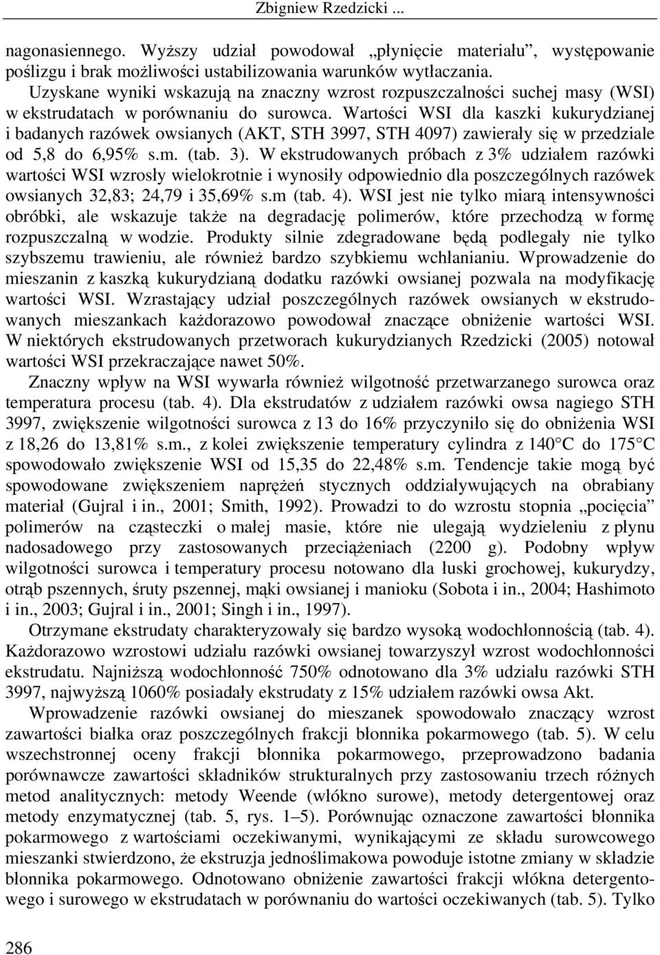 Wartości WSI dla kaszki kukurydzianej i badanych razówek owsianych (AKT, STH 3997, STH 4097) zawierały się w przedziale od 5,8 do 6,95% s.m. (tab. 3).