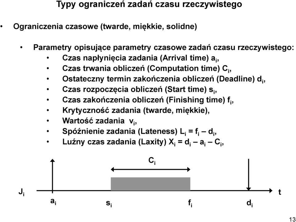 obliczeń (Deadline) d i, Czas rozpoczęcia obliczeń (Start time) s i, Czas zakończenia obliczeń (Finishing time) f i, Krytyczność zadania