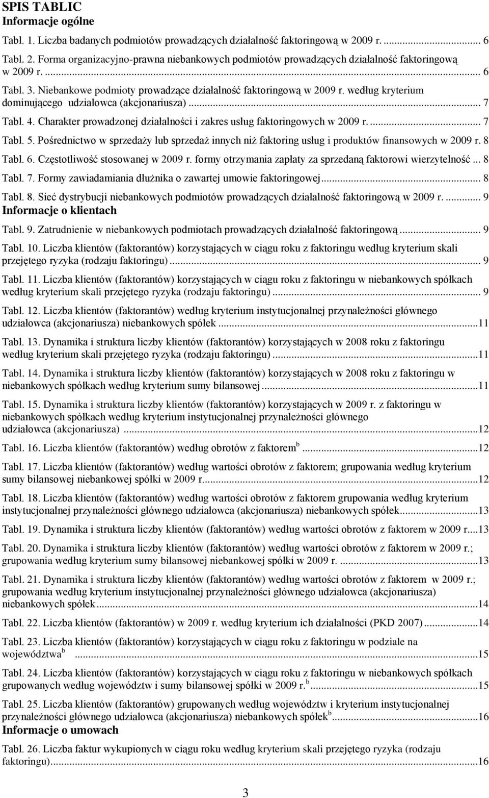 Charakter proadzonej działalności i zakres usług faktoringoych 2009 r.... 7 Tabl. 5. Pośrednicto sprzedaży lub sprzedaż innych niż faktoring usług i produktó finansoych 2009 r. 8 Tabl. 6.